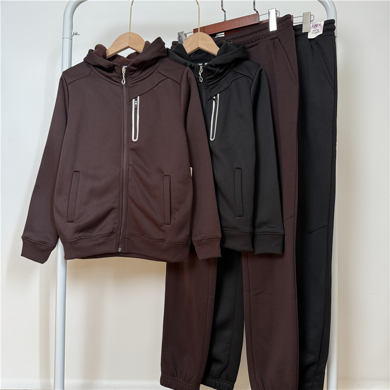 7B0 外贸亲子女童加绒运动套装拉链口袋秋冬6-14岁连帽外套束脚裤