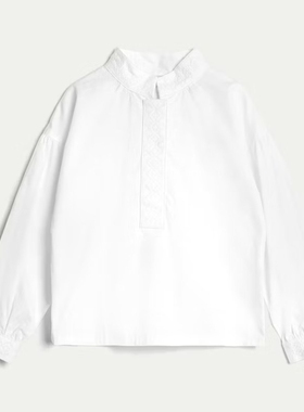 8C2 英伦女童纯棉梭织立领长袖衬衫春秋122-170儿童白色半按扣