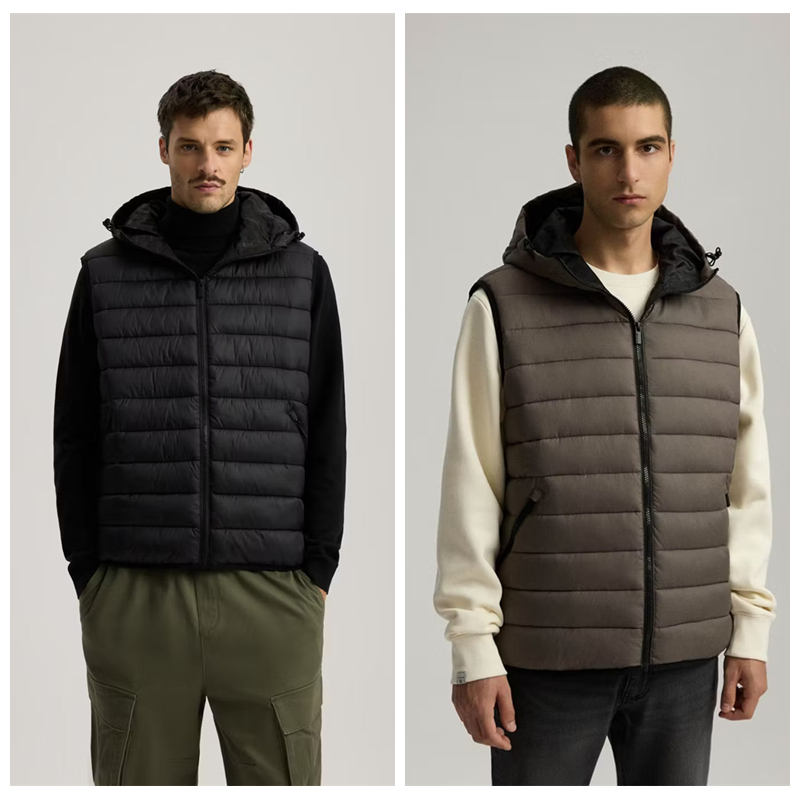 8E2 外贸男士连帽夹棉马甲 秋冬男装纯色绗缝拉链保暖背心坎肩