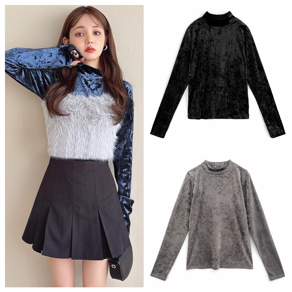 7G2日单女装天鹅绒半高领长袖T恤网眼春秋女士薄款弹力纯色打底衫