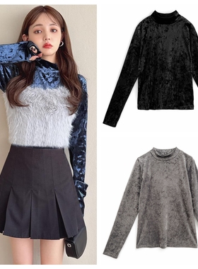 7G2日单女装天鹅绒半高领长袖T恤网眼春秋女士薄款弹力纯色打底衫