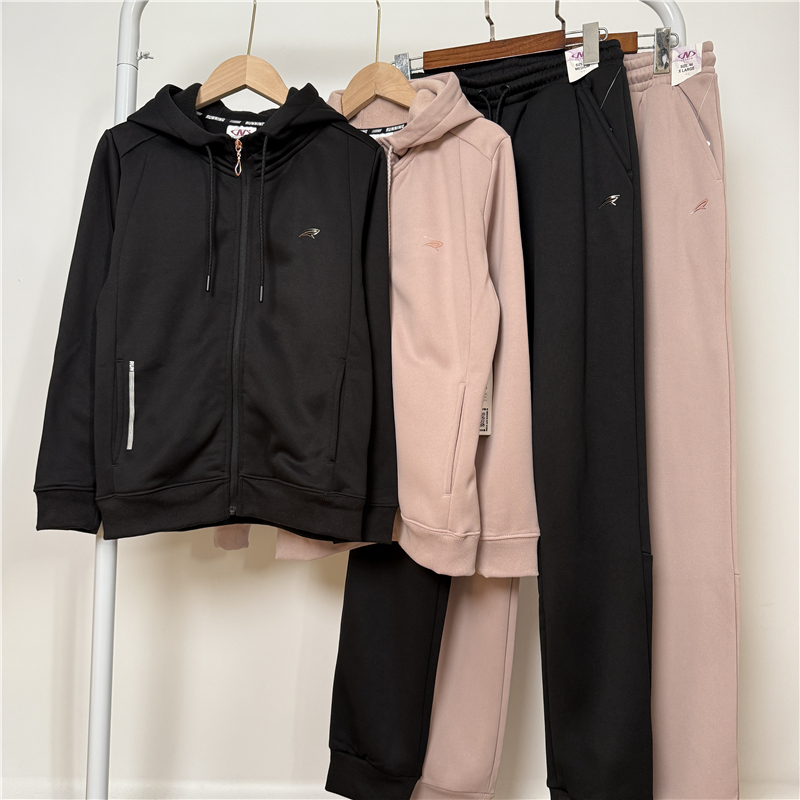 6C2 外贸亲子女童加绒运动套装白条秋冬6-14岁儿童连帽外套束脚裤