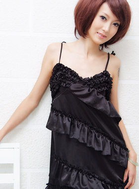 新款圆领春夏女士南韩性感蕾丝吊带丝深v领碎花蛋糕裙家居服