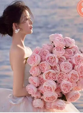浪漫外景旅拍手感保湿粉色玫瑰手捧花束仿真韩式写真复古拍摄道具