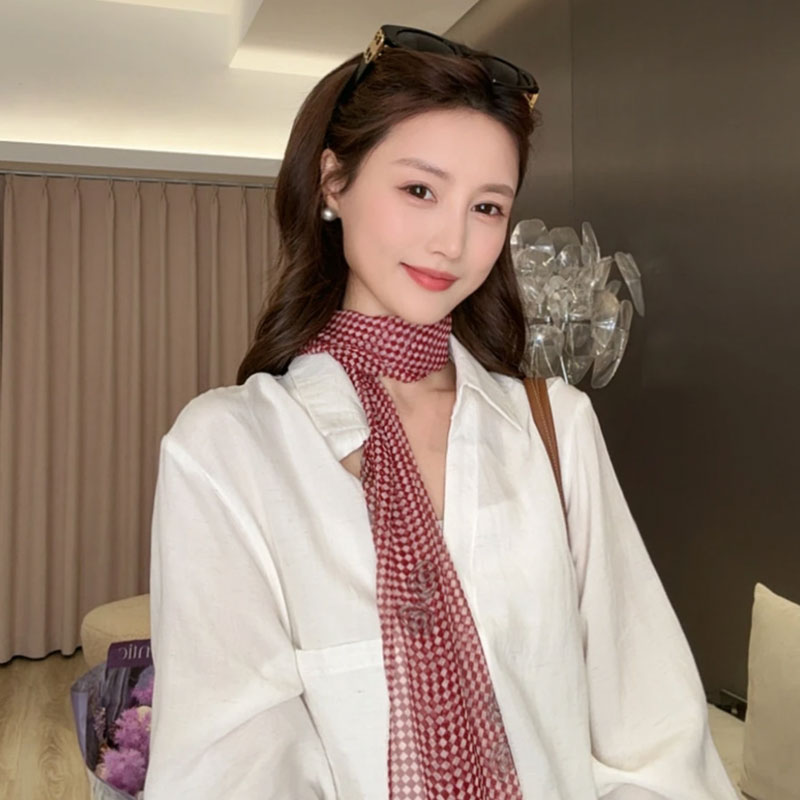 春夏新品格子韩版时尚乔其纱飘带长条巾薄款装饰洋气纱巾丝巾围巾