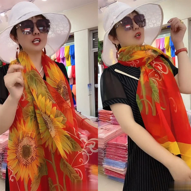 丝巾优柔纱纱巾防晒百搭多功能长款女式中年妈妈印花披肩围巾秋冬