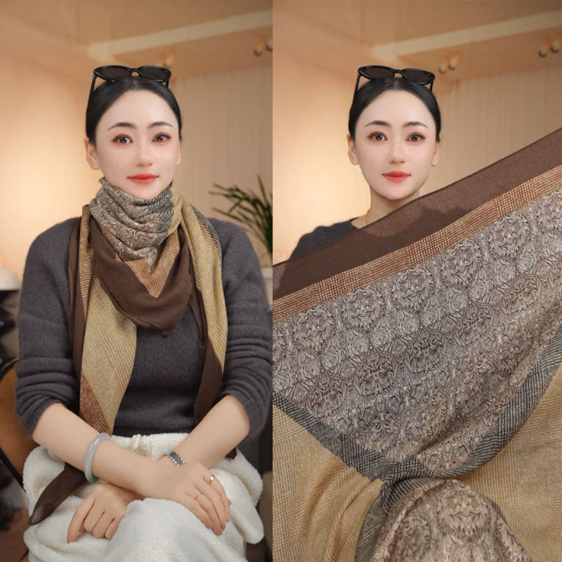 老钱风暖棕花纹优质棉麻105*105左右轻奢百搭大方巾围巾丝巾秋冬