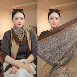 老钱风暖棕花纹优质棉麻105*105左右轻奢百搭大方巾围巾丝巾秋冬