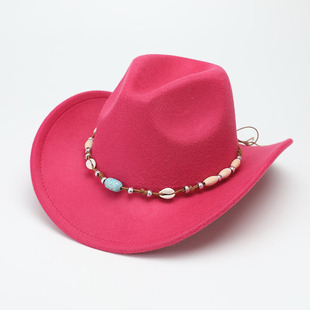 民族风爵士帽男女通用夏冬春季秋季西部牛仔帽珠链装饰翘边帽子