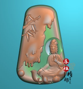 山水竹节坐莲观音6317浮雕图 精雕图 灰度图 百鸟朝凤 竹叶 岩洞