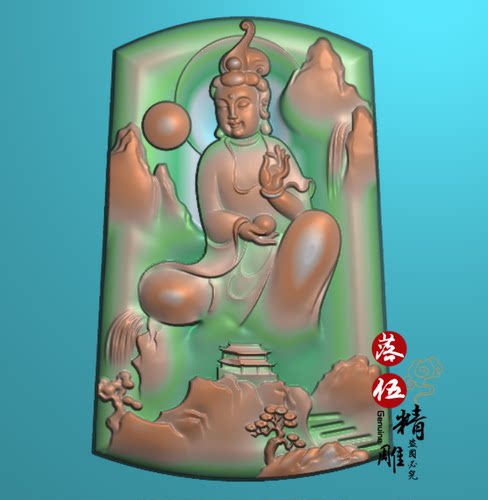 山水观音00153扫描无线条圆牌山水人物图挂件精雕图浮雕玉雕灰度