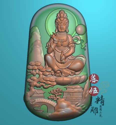 山水观世音6457精雕图山水牌观音挂件电脑机雕图花件玉雕图灰度图