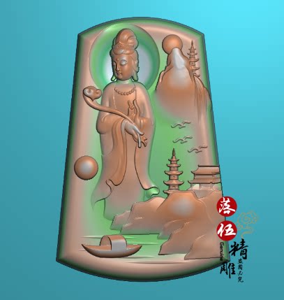 山水持如意站观音3241浮雕图 精雕图 灰度图 灵芝 小船 塔房 高山