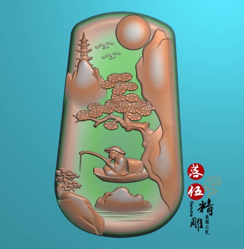 山水渔翁垂钓老翁钓鱼4323浮雕图 精雕图 灰度图新款小桥人家五福