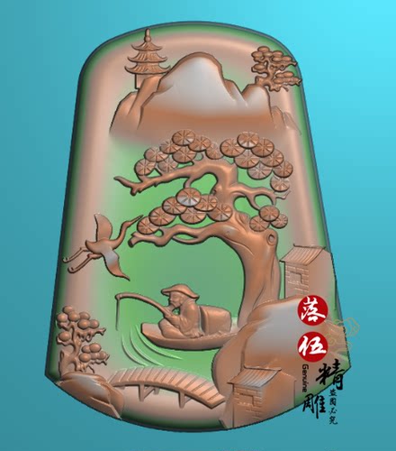山水老翁垂钓鱼翁钓鱼3426浮雕图 精雕图 灰度图一帆风顺 小桥 人