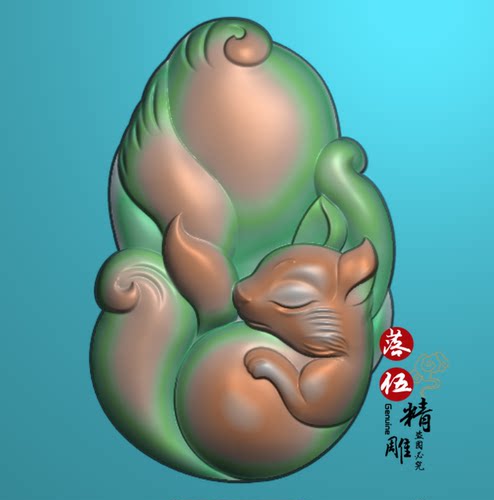 随形九尾狐43546立体狐狸挂 精雕图浮雕玉雕灰度图JDPBMP电脑雕刻