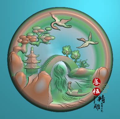 山水圆牌李白乘舟将欲行松鹤塔桥小桥流水7186浮雕图精雕图灰度图