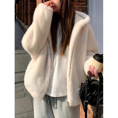 团长家2025秋冬新款出口韩国慵懒风毛绒连帽拉链夹克女士外套