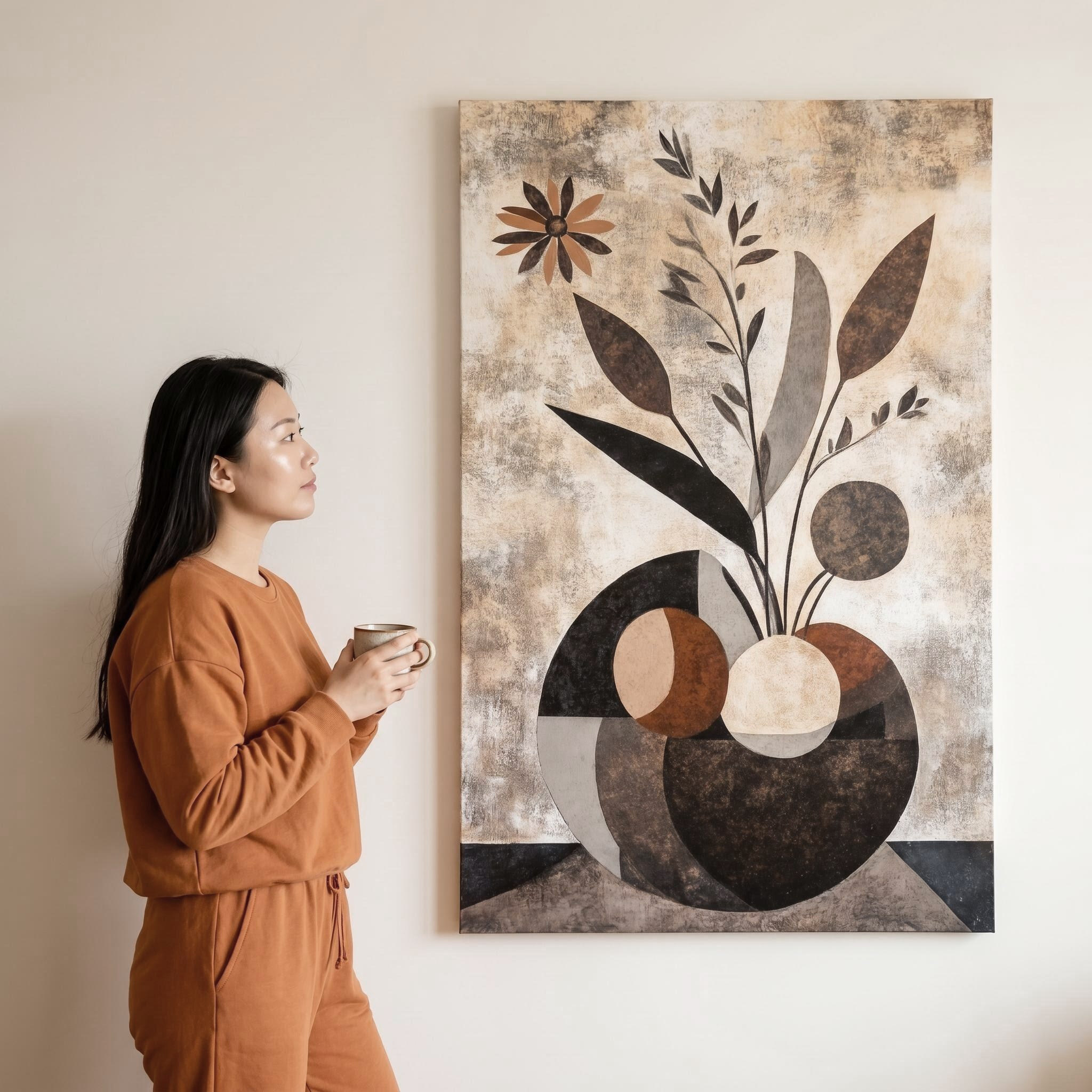 中古风插花抽象客厅装饰画沙发背景墙手绘油画立体感餐厅玄关挂画