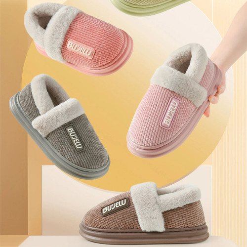 步旅冬季保暖防滑毛绒厚底棉拖鞋