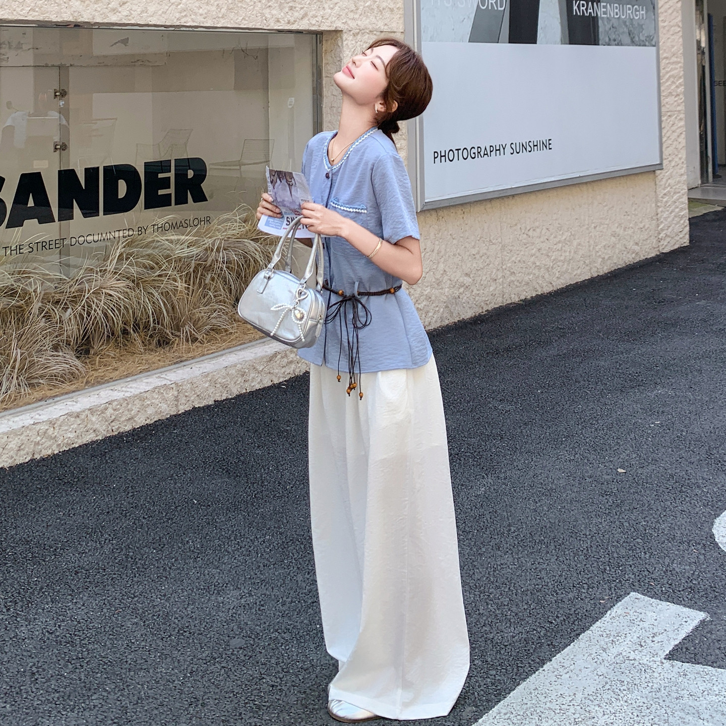 重要场合收腰蓝色衬衫阔腿裤套装女夏2025新款大方得体两件套爆款,女装套装/套裙,2D078