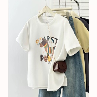 宽松马年印花胖妹妹半袖 大码 2026新款 T恤女200斤胖mm夏季 上衣 短袖