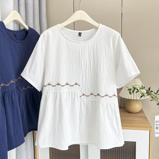 2026新款 女200斤胖mm夏季 宽松遮肚子胖妹妹刺绣上衣 圆领衬衫 大码