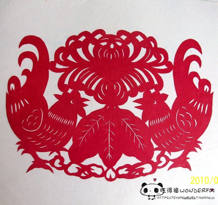 新年窗花 双金鸡报晓 蔚县剪纸 手工刻 宣纸染色 红蓝2色可选