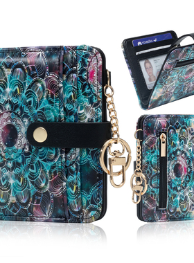 曼陀罗花卉图案RFID防盗刷女士钱包，超薄小巧信用卡钱包 pu皮革