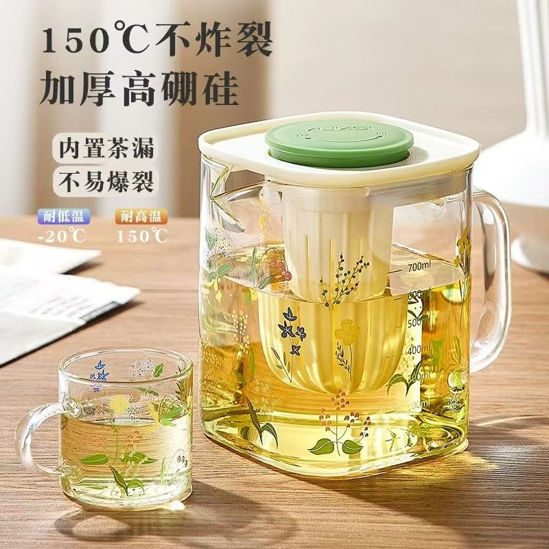 青苹果玻璃冷水壶耐高温泡茶壶家用储水凉白开水杯带刻度水壶套装