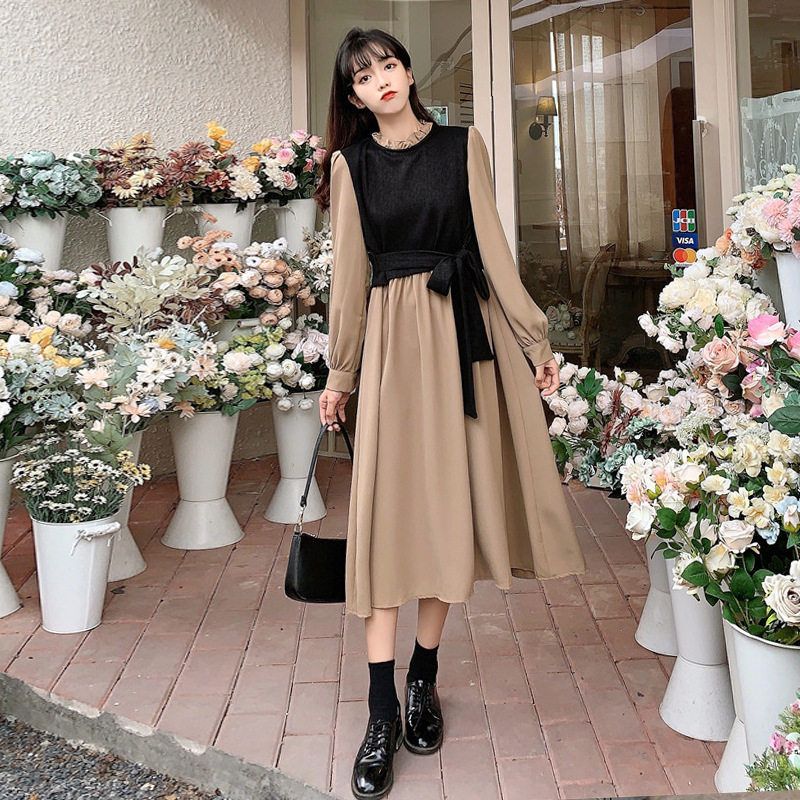2023秋冬复古假两件裙子女装中长款长袖法式气质连衣裙ins