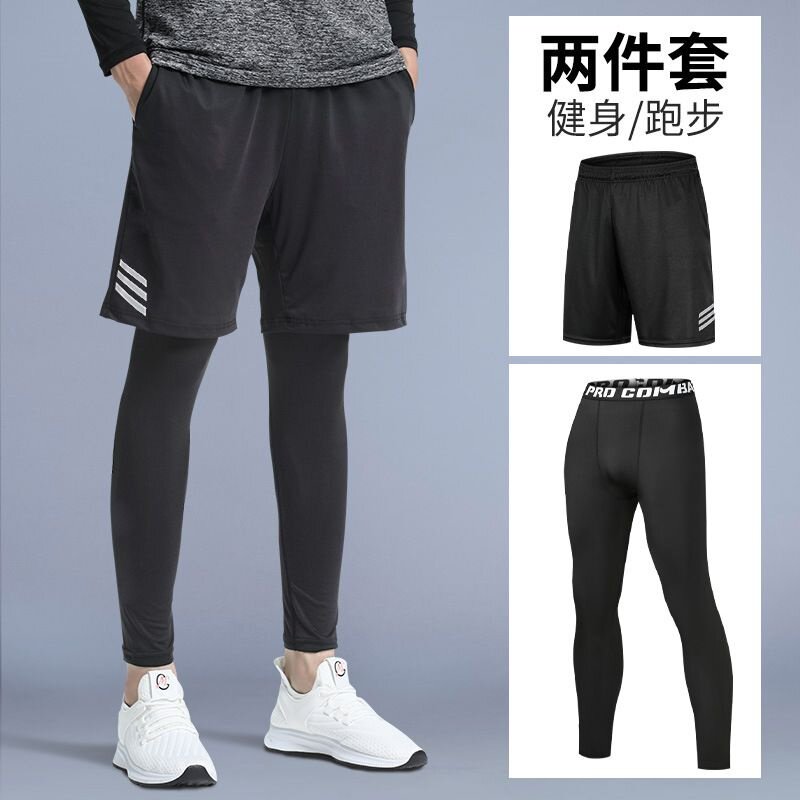 紧身裤男款高弹假两件训练健身运动打底篮球压缩速干跑步短裤套装