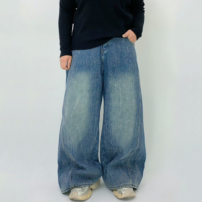 Milu家大码女装冬季高腰复古加绒烫钻胖mm宽松显瘦加绒阔腿牛仔裤