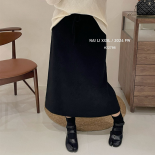 Milu家大码女装秋冬季高腰开叉A字针织显瘦中长款半身裙胖mm百搭