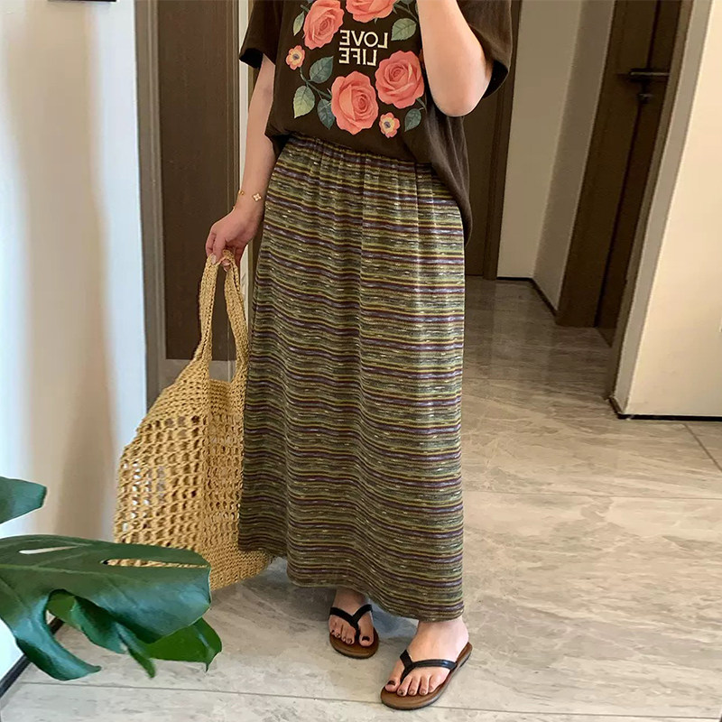 Milu家大码女装夏季慵懒风休闲胖mm显瘦百搭垂感条纹宽松半身裙潮