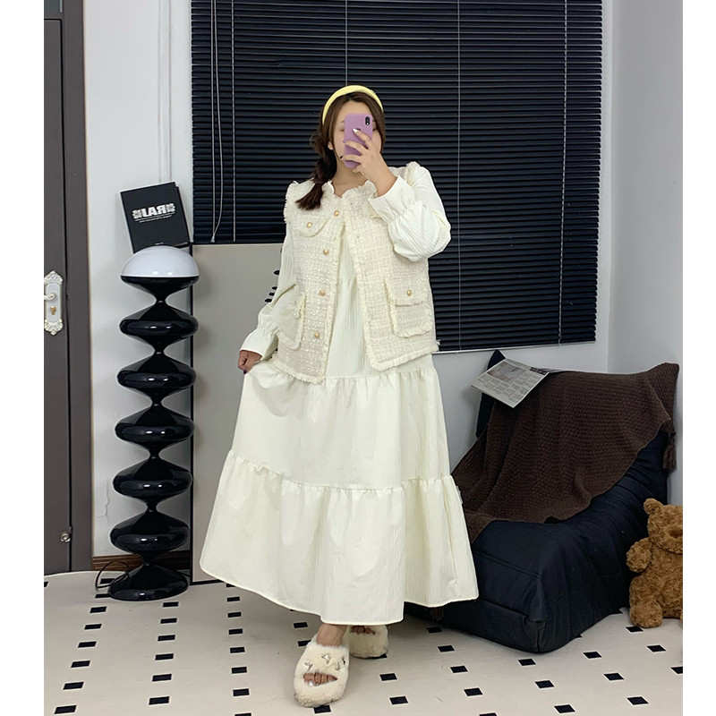 Milu家大码女装春季温柔气质小香风马甲长款连衣裙胖mm显瘦套装潮