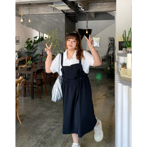 Milu家大码女装夏季设计感减龄假两件抽绳收腰胖mm显瘦长款连衣裙