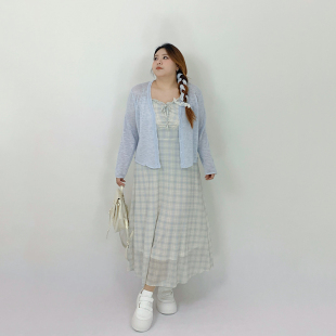 Milu家大码女装春夏温柔度假吊带格纹长款连衣裙开衫胖mm显瘦套装