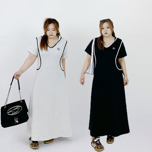 Milu家大码女装夏季设计感v领收腰休闲运动胖mm显瘦长款a字连衣裙