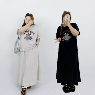 t恤a字半身裙胖mm显瘦套装 Milu家大码 印花休闲宽松短袖 夏美式 女装
