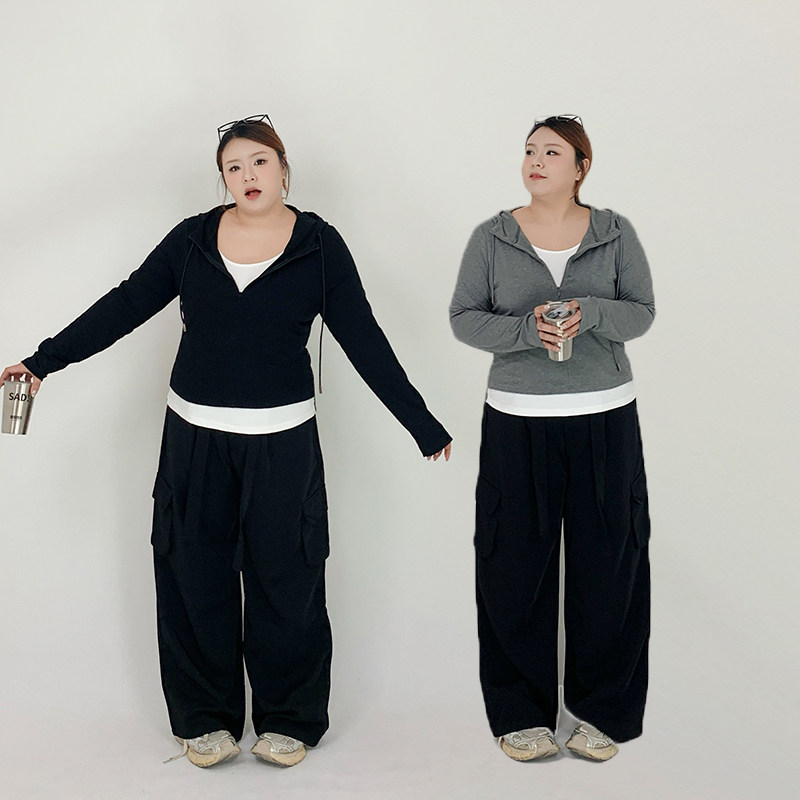 Milu家大码女装春季格雷系休闲连帽假两件长袖t恤胖mm显瘦上衣潮