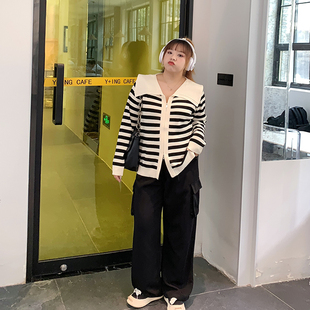 宽松显瘦上衣开衫 Milu家大码 学院海军领胖mm条纹针织长袖 女装 秋季