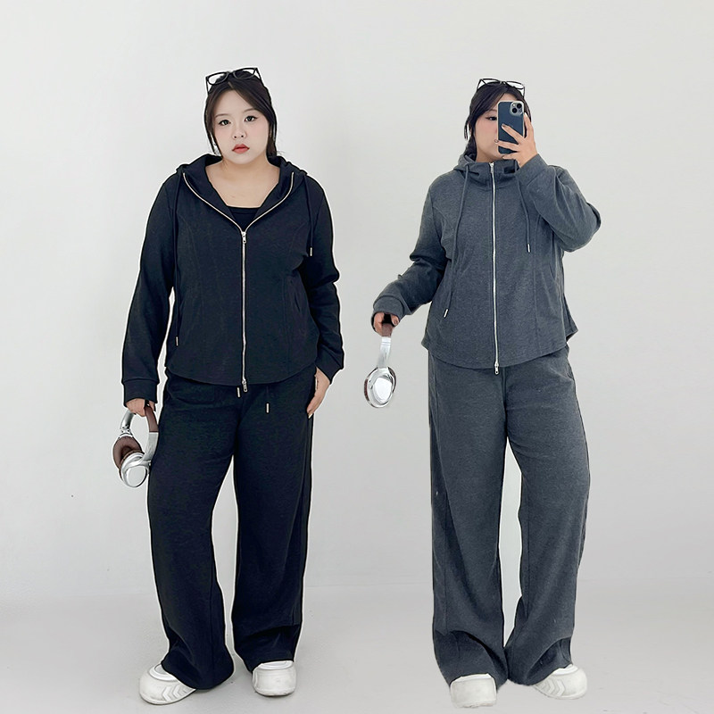 Milu家大码女装秋季运动连帽拉链上衣阔腿裤胖mm休闲显瘦卫衣套装