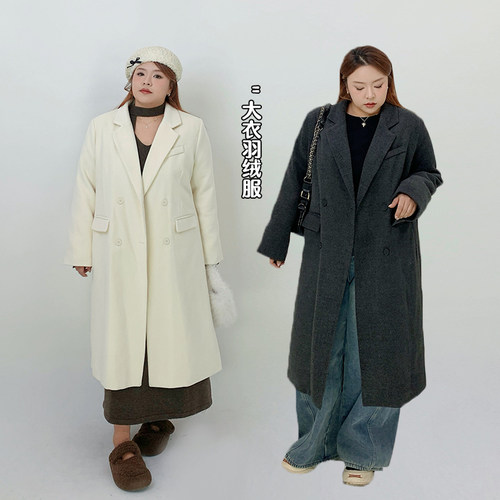 Milu家大码女装冬季时髦气质胖mm显瘦中长款翻领毛呢大衣羽绒服潮