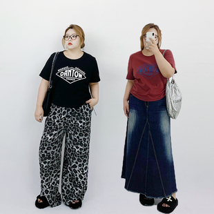 Milu家大码女装夏季设计感抽绳印花圆领正肩短袖t恤胖mm显瘦上衣