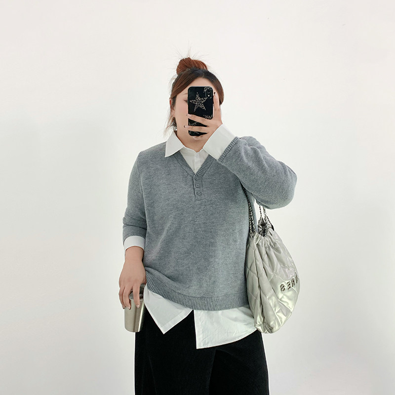 Milu家大码女装春季韩系衬衫拼接假两件宽松针织衫胖mm显瘦上衣潮
