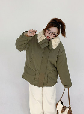 Milu家大码女装冬季露丝同款羊羔毛工装派克胖mm显瘦保暖棉服外套