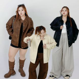 美式 秋冬季 复古宽松机车皮衣外套胖mm显瘦夹克上衣 女装 Milu家大码