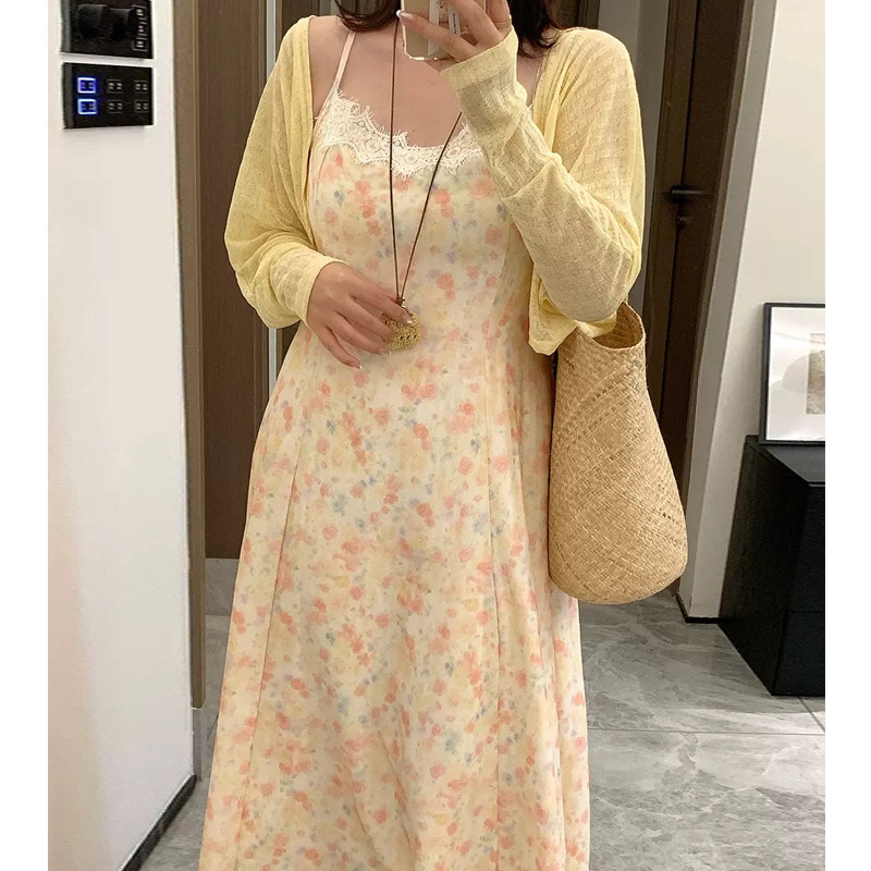 Milu家大码女装夏季度假风长款碎花吊带连衣裙开衫胖mm显瘦套装