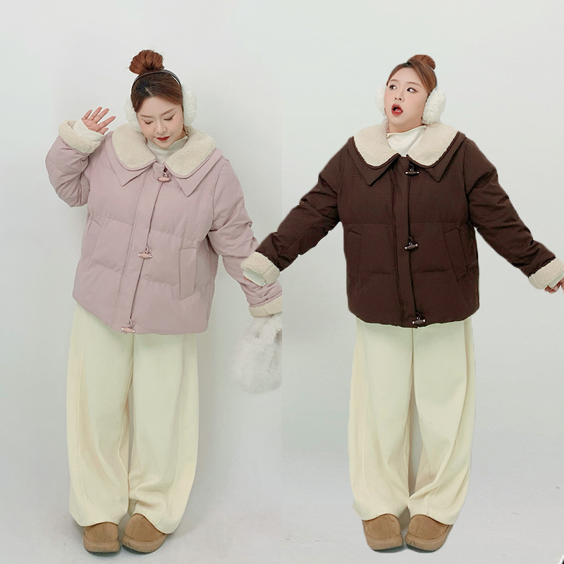 Milu家大码女装冬季减龄娃娃领牛角扣宽松棉服胖mm显瘦棉衣外套潮